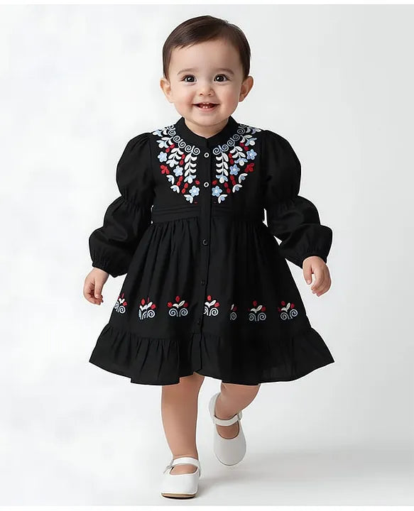 Bella Moda Cotton Woven Full Sleeves Floral Embroidered Dress - Black