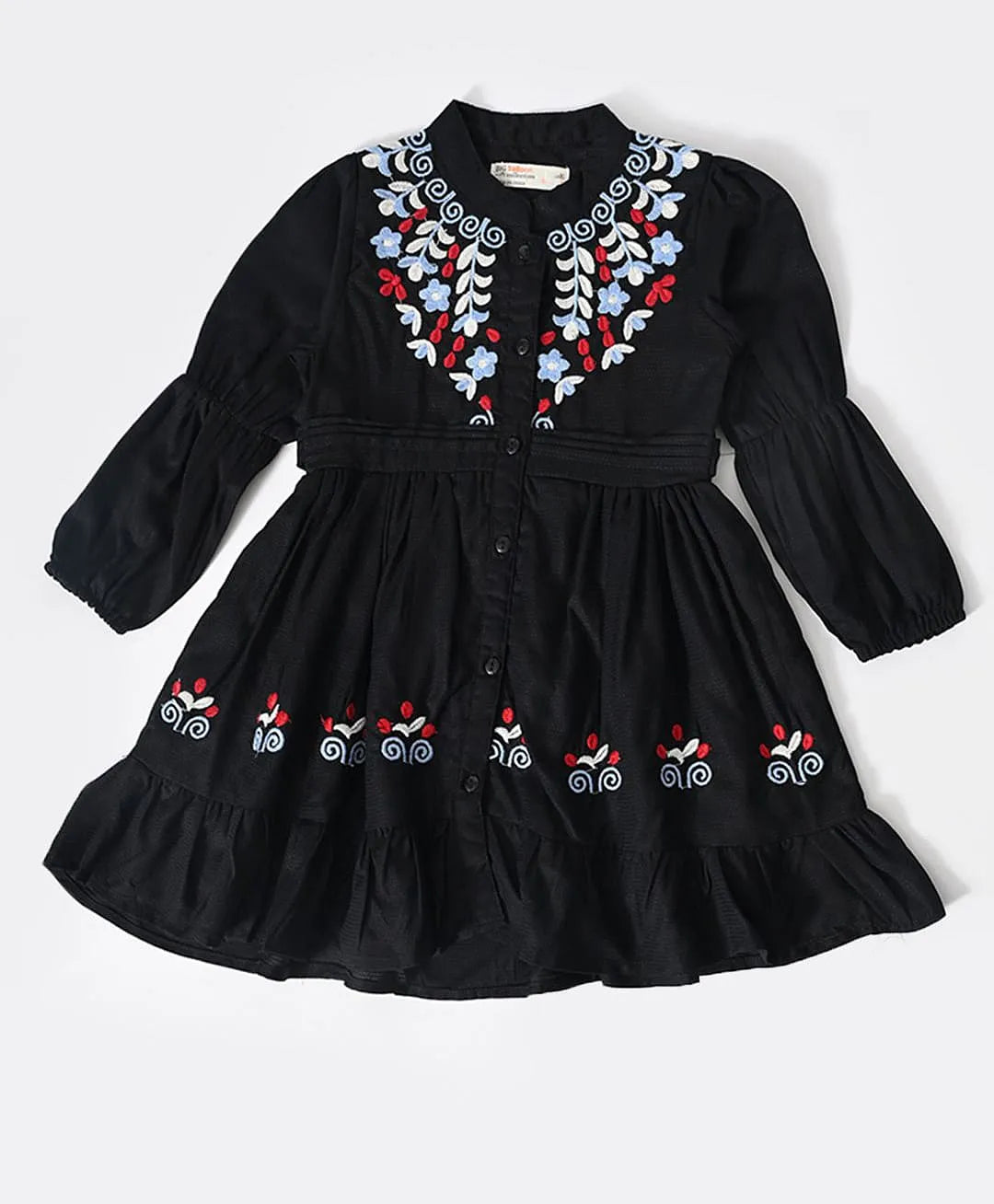 Bella Moda Cotton Woven Full Sleeves Floral Embroidered Dress - Black