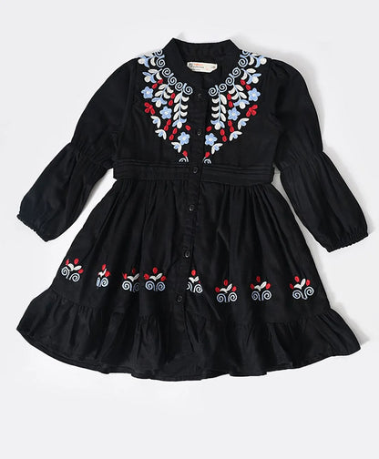 Bella Moda Cotton Woven Full Sleeves Floral Embroidered Dress - Black
