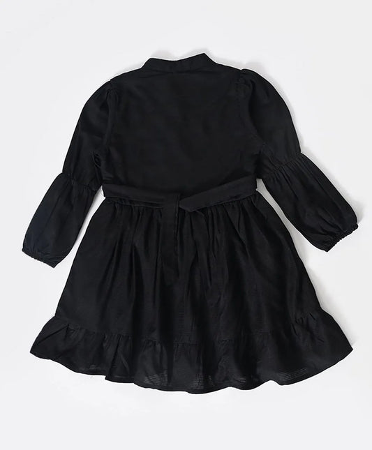 Bella Moda Cotton Woven Full Sleeves Floral Embroidered Dress - Black