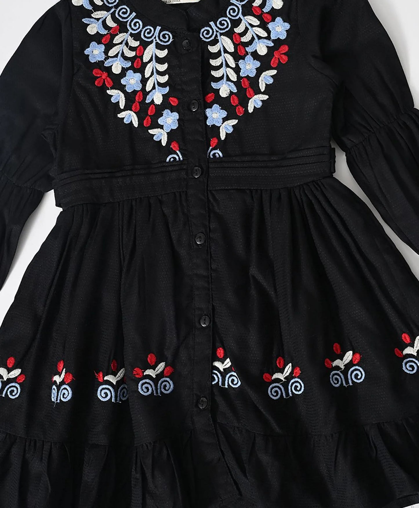 Bella Moda Cotton Woven Full Sleeves Floral Embroidered Dress - Black