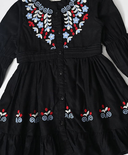 Bella Moda Cotton Woven Full Sleeves Floral Embroidered Dress - Black