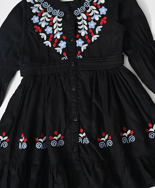 Bella Moda Cotton Woven Full Sleeves Floral Embroidered Dress - Black