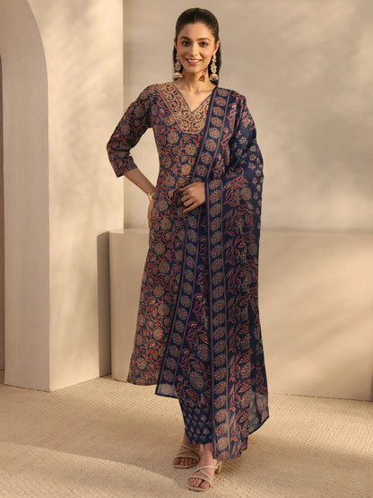 Blue Floral Printed Cotton Blend Straight Suits Set With Dupatta