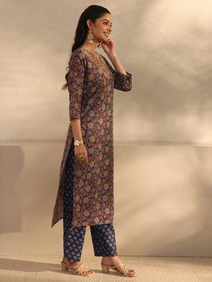 Blue Floral Printed Cotton Blend Straight Suits Set With Dupatta
