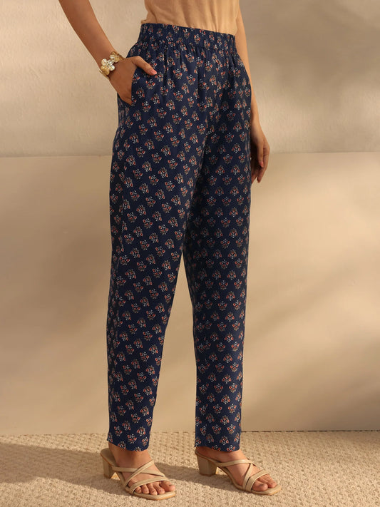 Blue Floral Printed Cotton Blend Straight Suits Set With Dupatta