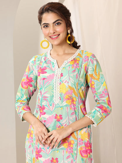 Turquoise Blue Printed Cotton Straight Suit Set With Dupatta