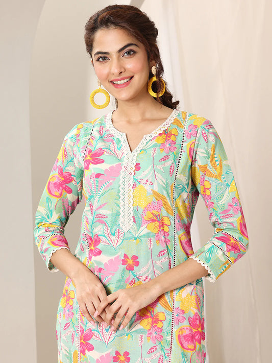 Turquoise Blue Printed Cotton Straight Suit Set With Dupatta