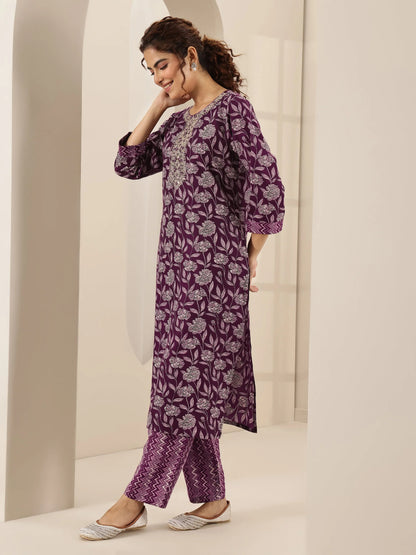 Burgundy Printed Cotton Blend Straight Suit Sets With Dupatta
