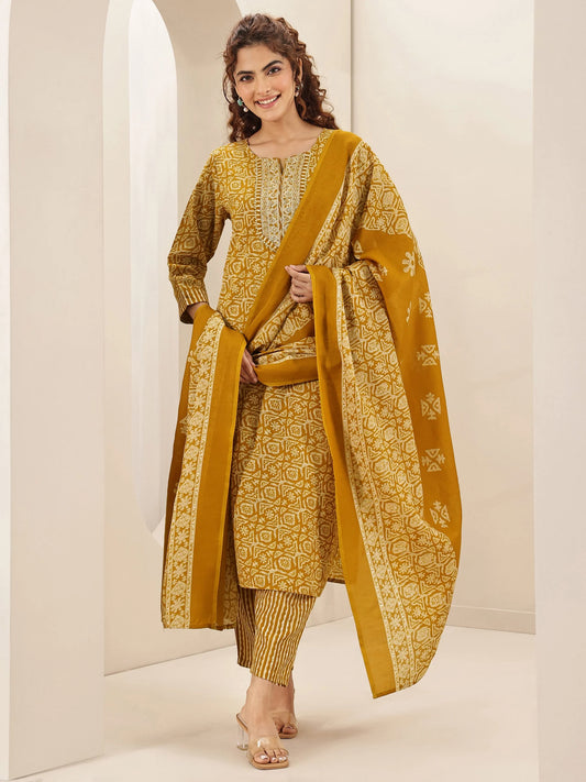 Mustard Printed Cotton Blend Straight Suit Sets With Dupatta