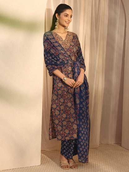 Blue Floral Printed Cotton Blend Straight Suits Set With Dupatta